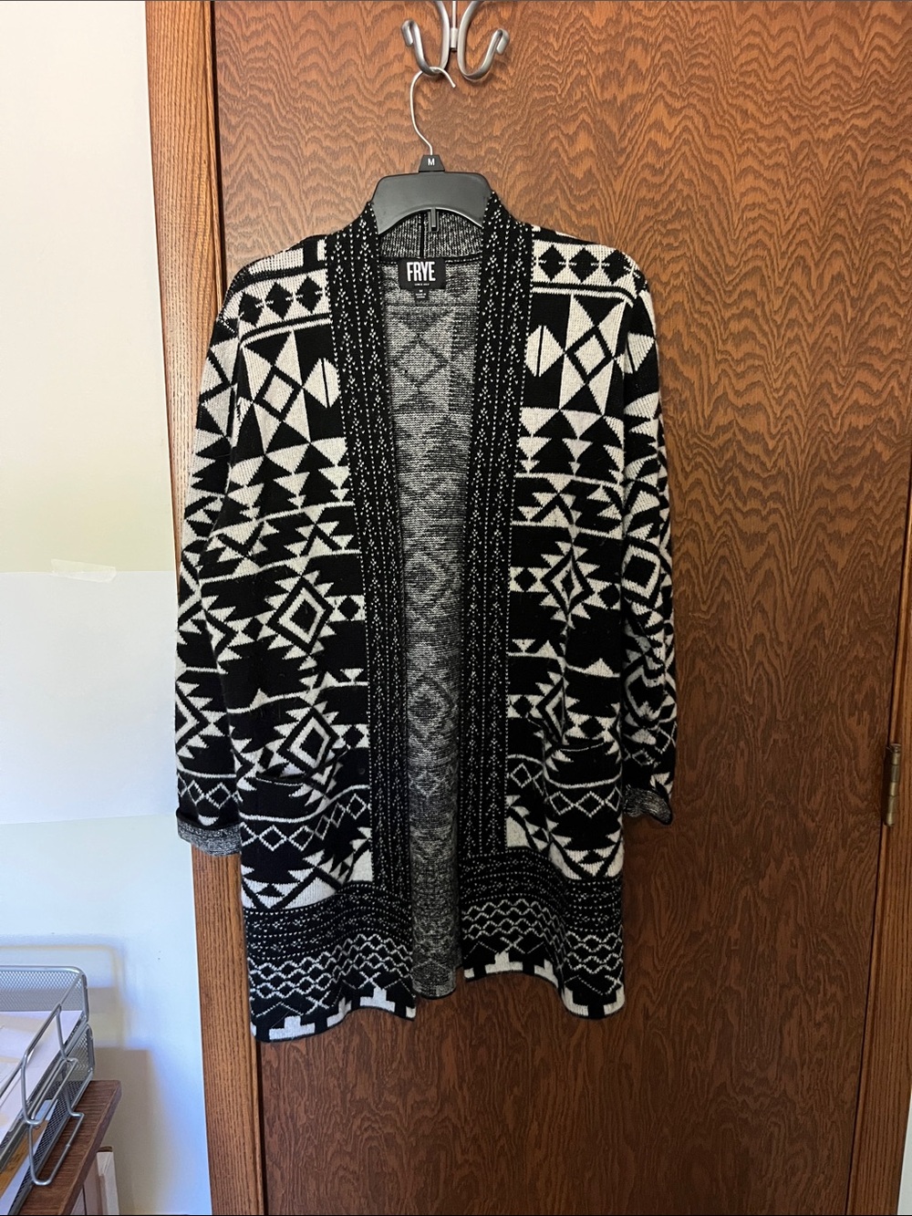 FRYE Black & White Geometric Open-Front Cardigan